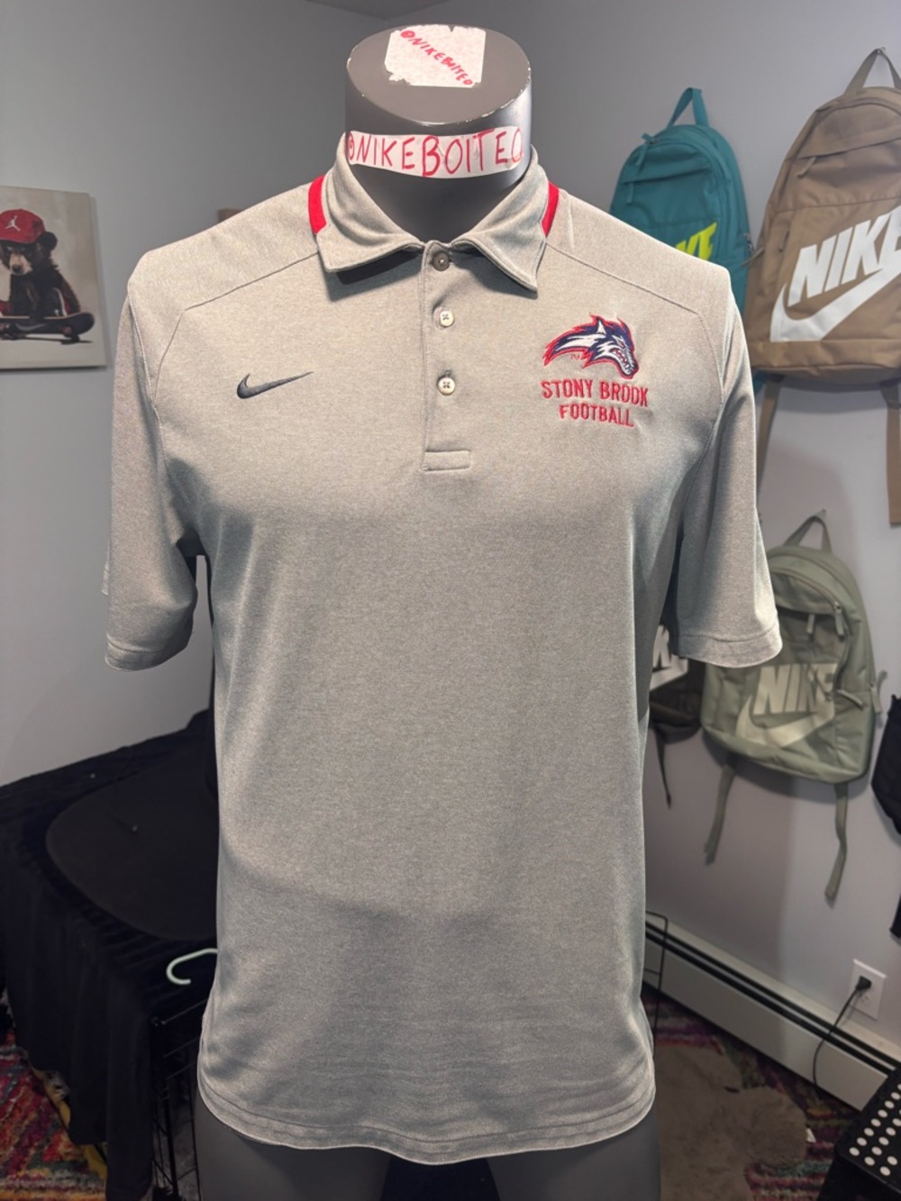 Nike Gray Men's Polo with Red Stony Brook Football Logo